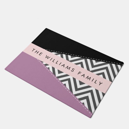 Grijs zigzag, Grijs Chevron, Paarse, Jouw naam Deurmat (Schuin)