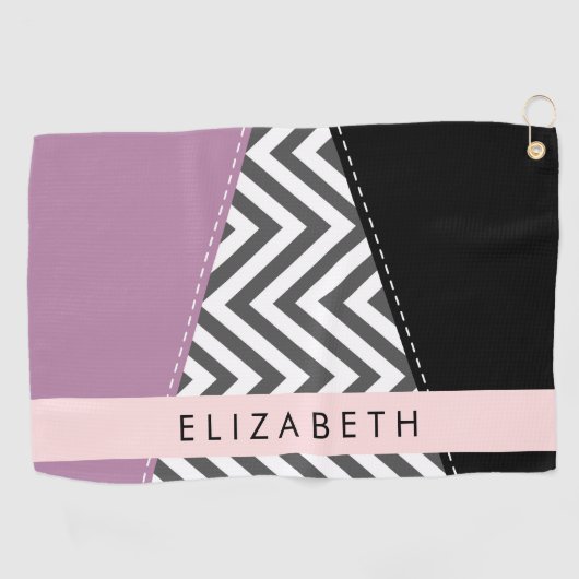 Grijs zigzag, Grijs Chevron, Paarse, Jouw naam Golfhanddoek (Horizontaal)