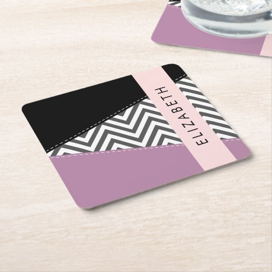 Grijs zigzag, Grijs Chevron, Paarse, Jouw naam Kartonnen Onderzetters (Schuin)