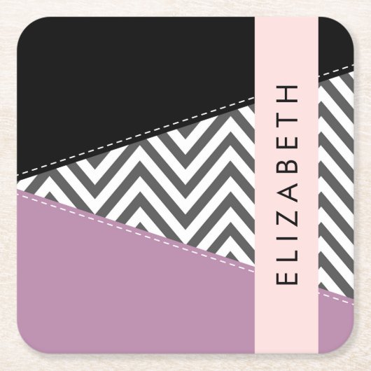 Grijs zigzag, Grijs Chevron, Paarse, Jouw naam Kartonnen Onderzetters (Voorkant)