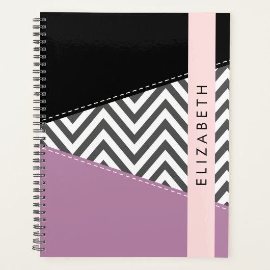 Grijs zigzag, Grijs Chevron, Paarse, Jouw naam Planner (Voorkant)
