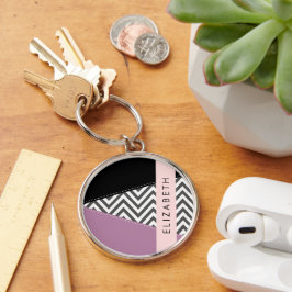 Grijs zigzag, Grijs Chevron, Paarse, Jouw naam Sleutelhanger