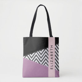 Grijs zigzag, Grijs Chevron, Paarse, Jouw naam Tote Bag