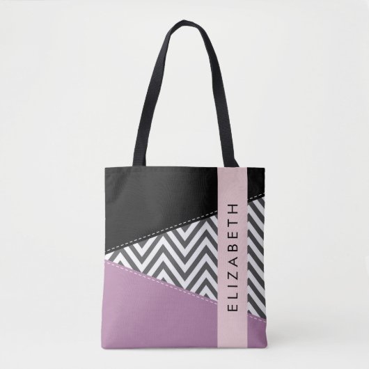 Grijs zigzag, Grijs Chevron, Paarse, Jouw naam Tote Bag (Voorkant)