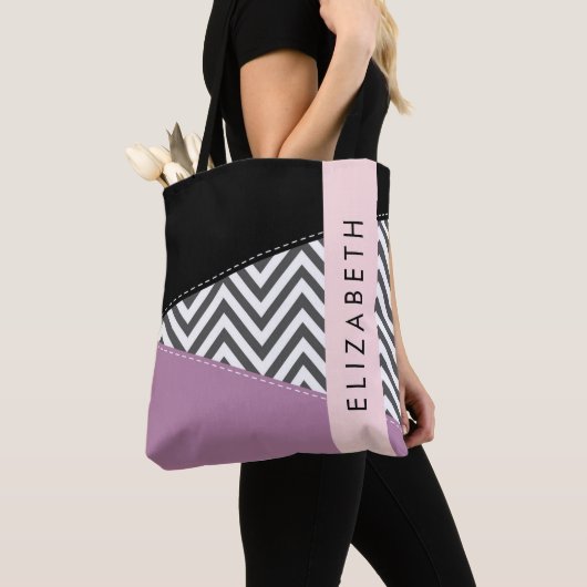 Grijs zigzag, Grijs Chevron, Paarse, Jouw naam Tote Bag (Dichtbij)