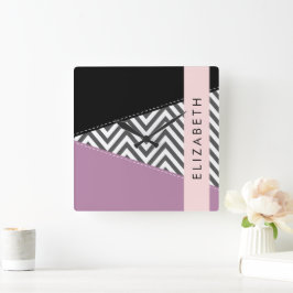 Grijs zigzag, Grijs Chevron, Paarse, Jouw naam Vierkante Klok