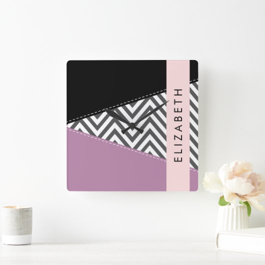 Grijs zigzag, Grijs Chevron, Paarse, Jouw naam Vierkante Klok (Huis)