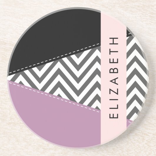 Grijs zigzag, Grijs Chevron, Paarse, Jouw naam Zandsteen Onderzetter (Voorkant)