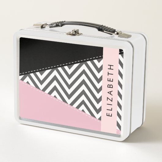 Grijs zigzag, Grijs Chevron, Roze, Jouw naam (Voorkant)