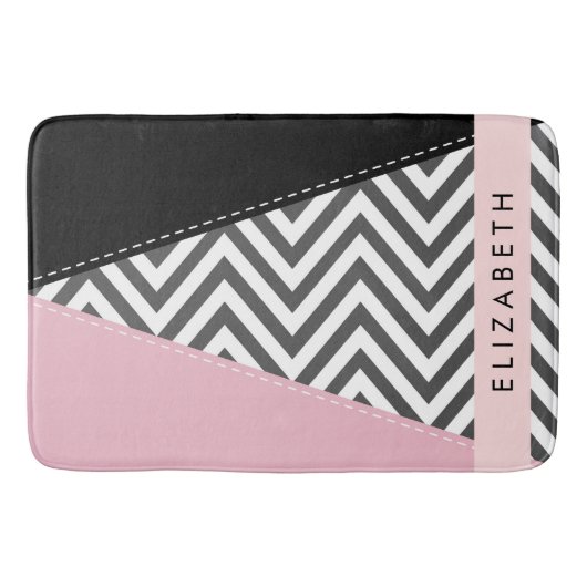 Grijs zigzag, Grijs Chevron, Roze, Jouw naam Badmat (Voorkant)