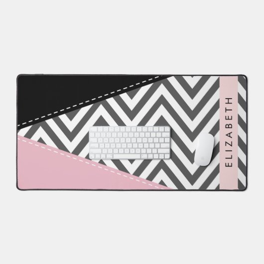 Grijs zigzag, Grijs Chevron, Roze, Jouw naam Bureaumat (Keyboard & Muis)