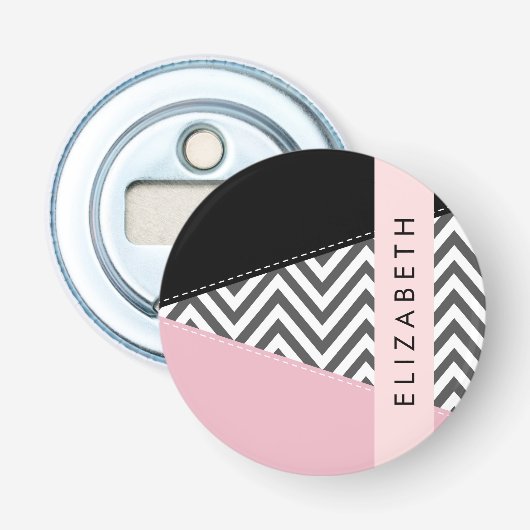 Grijs zigzag, Grijs Chevron, Roze, Jouw naam Button Flesopener (Voorkant)