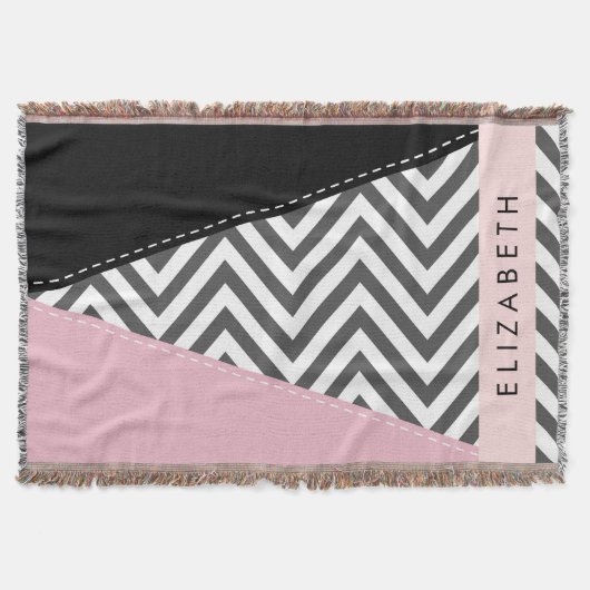 Grijs zigzag, Grijs Chevron, Roze, Jouw naam Deken (Voorkant)