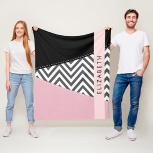 Grijs zigzag, Grijs Chevron, Roze, Jouw naam Fleece Deken