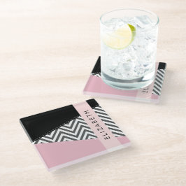 Grijs zigzag, Grijs Chevron, Roze, Jouw naam Glazen Onderzetter