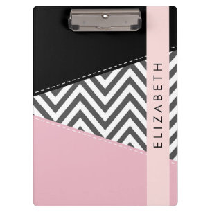 Grijs zigzag, Grijs Chevron, Roze, Jouw naam Klembord