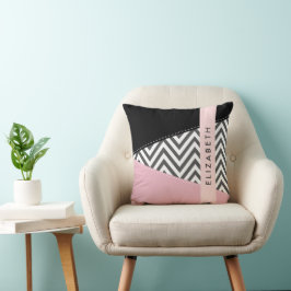 Grijs zigzag, Grijs Chevron, Roze, Jouw naam Kussen