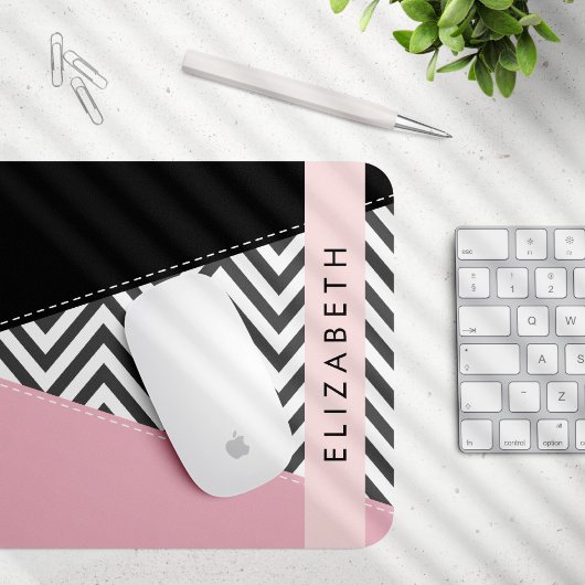 Grijs zigzag, Grijs Chevron, Roze, Jouw naam Muismat