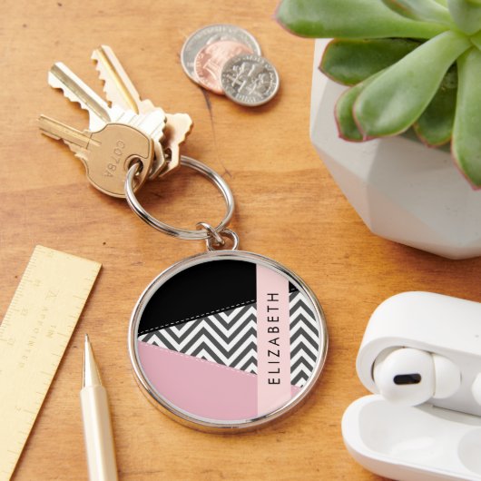 Grijs zigzag, Grijs Chevron, Roze, Jouw naam Sleutelhanger (Bureau)