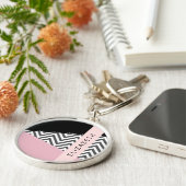 Grijs zigzag, Grijs Chevron, Roze, Jouw naam Sleutelhanger (Zijkant)
