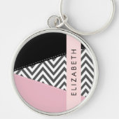 Grijs zigzag, Grijs Chevron, Roze, Jouw naam Sleutelhanger (Voorkant)