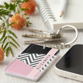 Grijs zigzag, Grijs Chevron, Roze, Jouw naam Sleutelhanger