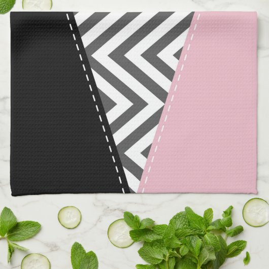 Grijs zigzag, Grijs Chevron, Roze, Jouw naam Theedoek (Gevouwen)