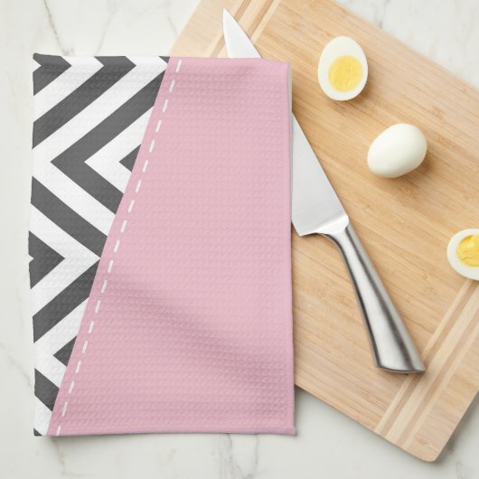 Grijs zigzag, Grijs Chevron, Roze, Jouw naam Theedoek (Quarter Fold)
