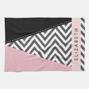 Grijs zigzag, Grijs Chevron, Roze, Jouw naam Theedoek