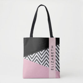 Grijs zigzag, Grijs Chevron, Roze, Jouw naam Tote Bag