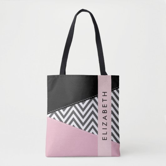 Grijs zigzag, Grijs Chevron, Roze, Jouw naam Tote Bag (Voorkant)