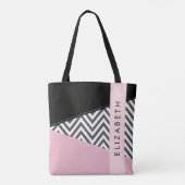 Grijs zigzag, Grijs Chevron, Roze, Jouw naam Tote Bag (Achterkant)