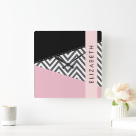 Grijs zigzag, Grijs Chevron, Roze, Jouw naam Vierkante Klok