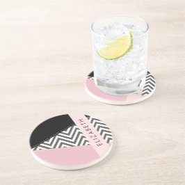 Grijs zigzag, Grijs Chevron, Roze, Jouw naam Zandsteen Onderzetter