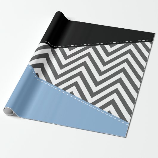 Grijs zigzag, Grijs Chevron, Zigzag Pattern, Blauw Cadeaupapier (Uitgerold)