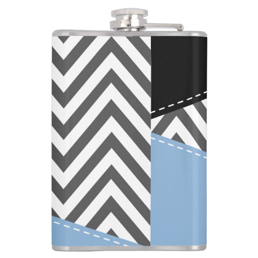 Grijs zigzag, Grijs Chevron, Zigzag Pattern, Blauw Heupfles (Achterkant)