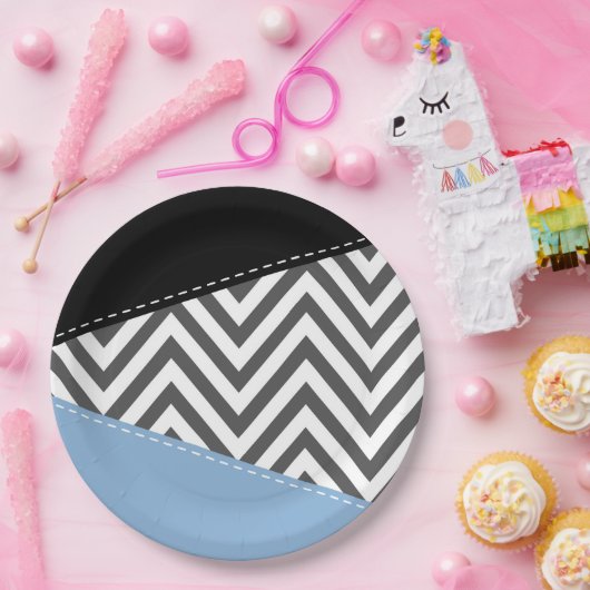 Grijs zigzag, Grijs Chevron, Zigzag Pattern, Blauw Papieren Bordje (Feest)