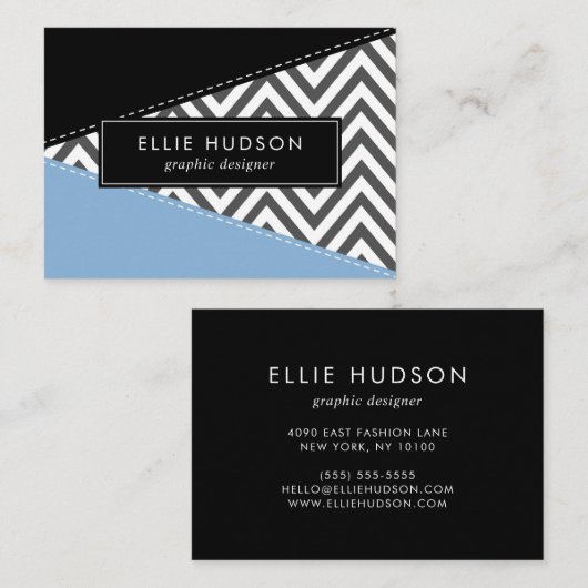 Grijs zigzag, Grijs Chevron, Zigzag Pattern, Blauw Visitekaartje (Voorkant / Achterkant)