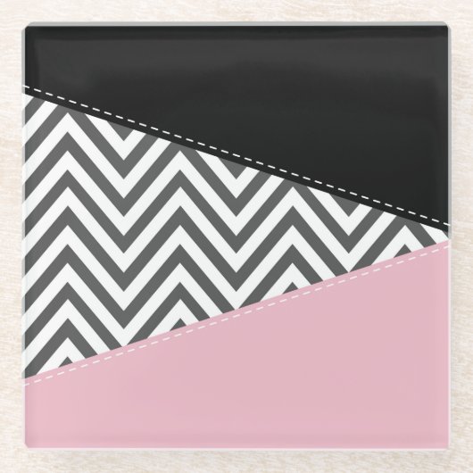 Grijs zigzag, Grijze Chevron, Zigzag Pattern, Roze Glazen Onderzetter (Voorkant)