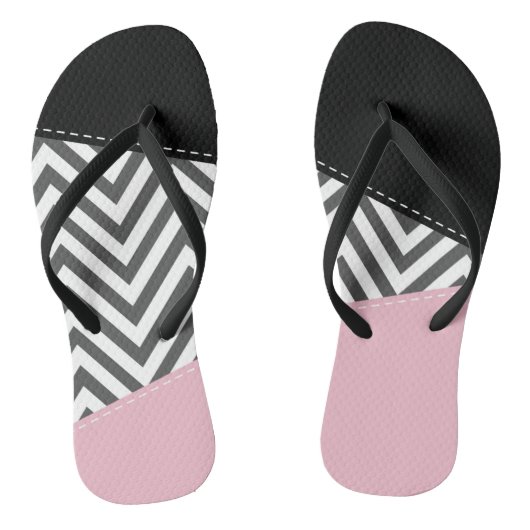 Grijs zigzag, Grijze Chevron, Zigzag Pattern, Roze Teenslippers (Voetbed)