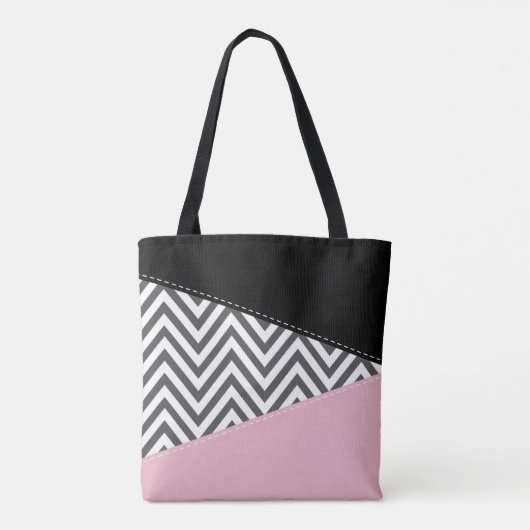 Grijs zigzag, Grijze Chevron, Zigzag Pattern, Roze Tote Bag (Achterkant)