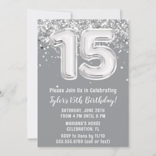 Grijs Zilver 15e Verjaardagsfeest Kaart (Voorkant)