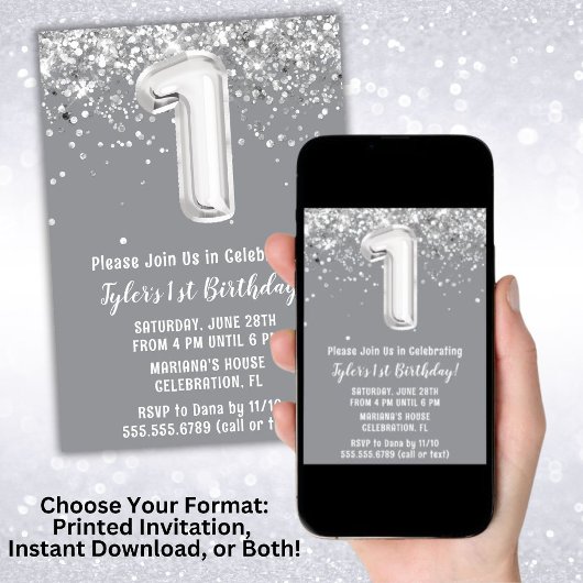 Grijs Zilver 1e Verjaardag Uitnodiging