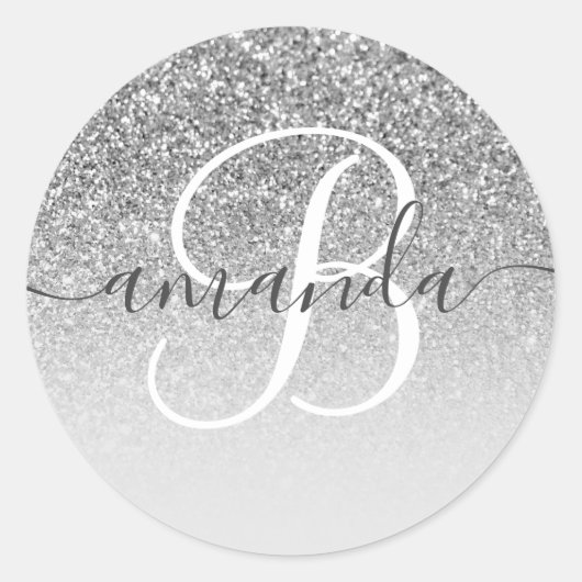 Grijs Zilver Glitter Ombre Monogram Ronde Sticker (Voorkant)