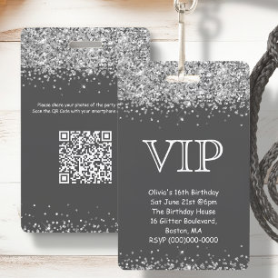 Grijs & Zilver Glitter VIP Verjaardagsuitnodigin Badge