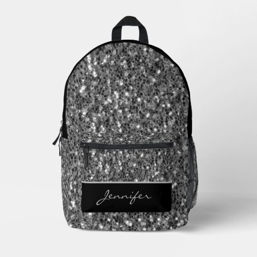 Grijs zilver glitters sparkles zwart Aangepaste na Bedrukte Rugzak (Voorkant)