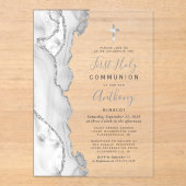 Grijs zilveren agaat Eerste Heilige Communie Acryl Uitnodigingen (Voorkant)