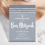 Grijs Zilveren Bar Mitzvah Tallit Eenvoudig Modern Kaart<br><div class="desc">Wees trots, blij en toon deze mijlpaal van je favoriete Bar Mitzvah! Verstuur deze coole, unieke, moderne, gepersonaliseerde uitnodiging voor een evenement om het te herinneren. Vet, wit script typografie, Ster van David en een zacht grijs en zilver glitter gestript, geïnspireerd grafisch bedekken een eenvoudige, lichtere zachte grijze achtergrond. Pas...</div>