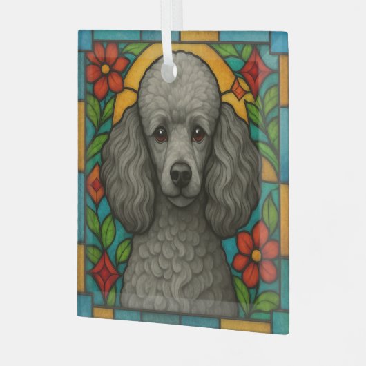 Grijs/Zilveren Poedel Hond "Glas in lood" Glas Ornament (Voorkant links)