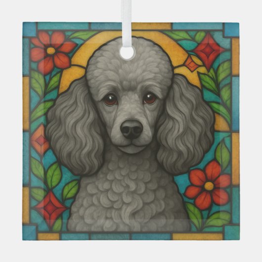 Grijs/Zilveren Poedel Hond "Glas in lood" Glas Ornament (Voorkant)